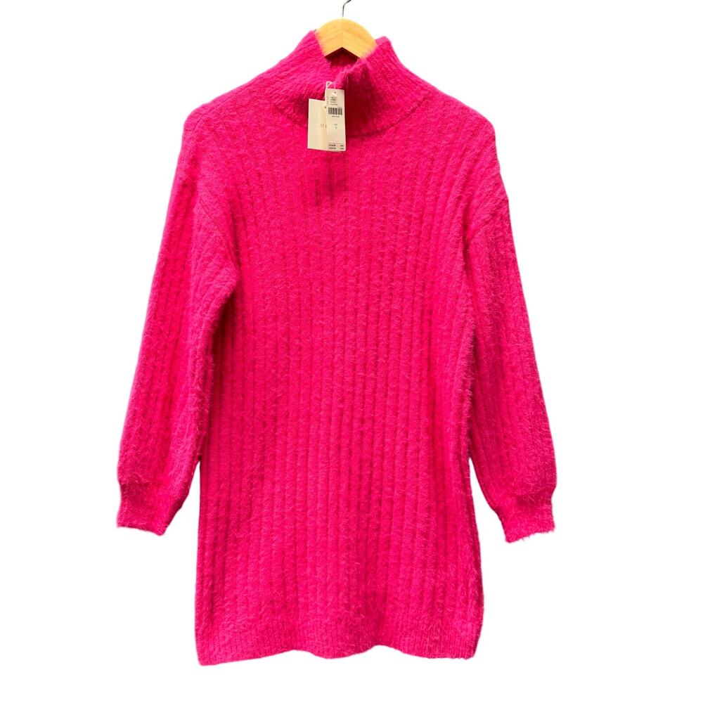 Anthropologie Flat White Dress Pink‎ Turtleneck Pullover Fuzzy Knit Small NEW